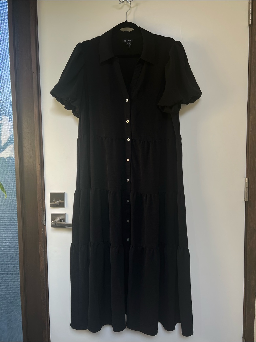 1. State Black Tiered Puff-Sleeve Midi Dress